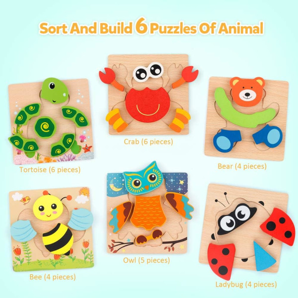 Trä pussel set, 6-pack djurform färg Montessori