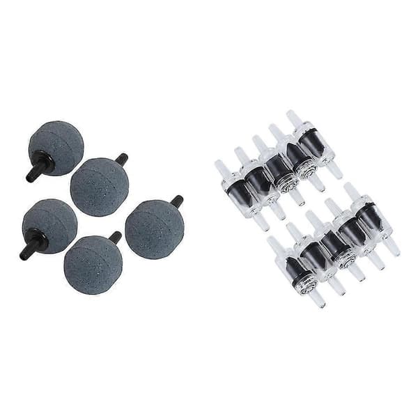 5 stk. Akvarium Boblemaker Luftstein 25mm Diameter Grå & 10 stk. Enveisventil Co2 Akvarium