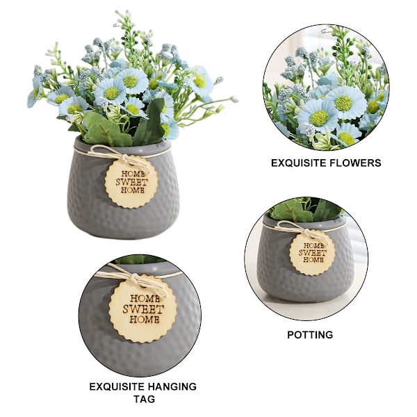 Liten kunstig daisy-blomst i keramisk potte for hjemmet
