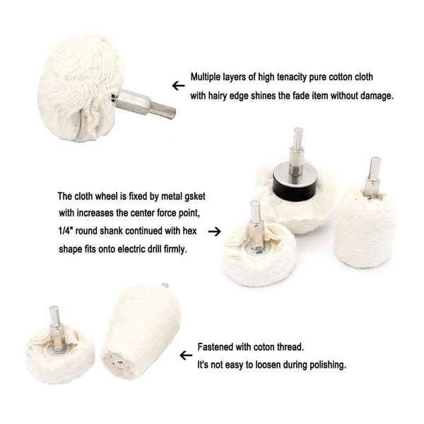 Yuhtech Poleringshjul for Drill, 7 stk. 6mm Skaft Bomullspolering