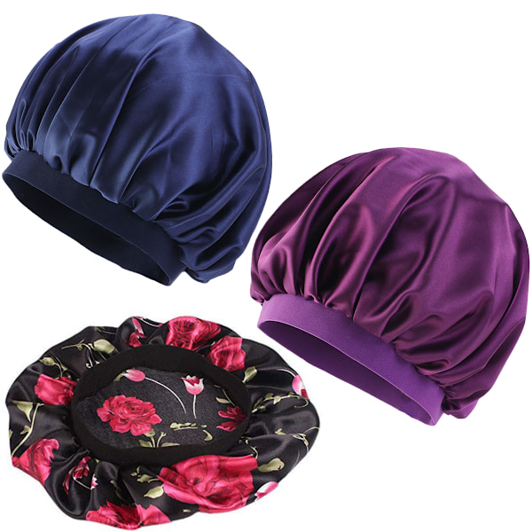 Satin sovmössa - enfärgad och stor blomma frisyr skyddande mössa - mjuk andningsbar band elastisk - 3-pack