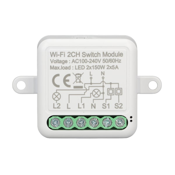 Wifi APP Fjärrkontroll Relämodul WiFi 2CH Ljusströmbrytarmodul för Tuya AC 100‑240V