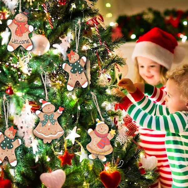 Pepparkaksgubbe Ornament, Perfekt för Familjetid, Julgransdekorationer i Trä med Blandade Figurer, Bedårande Handflatstorlek (8 st)