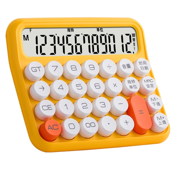 12-cifret lommeregner med stor LCD-skærm, store knapper, standard mekanisk switch-lommeregner til kontor, skole, hjem, citron gul