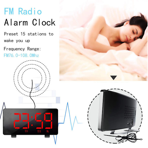 Digital vekkerklokke, vekkerklokker for soverom med FM-radio