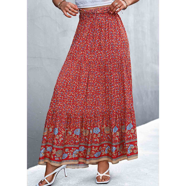 Rød XL Skjørt Høy Midje Blomstertrykk Elastisk Midje Swing Casual Maxi Skjørt for Kvinner