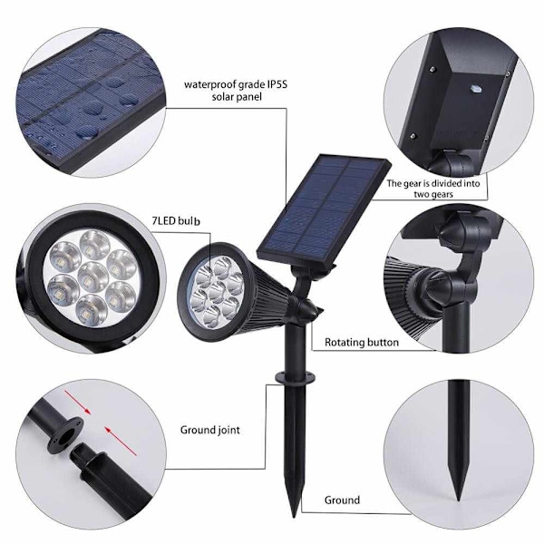 LED Solcellslampor för Trädgård Spotlight Automatisk Färgväxling 7 Färger Solcellslampor Utomhus för Gård Uteplats Gräsmatta Belysning Vattentät 1PCS