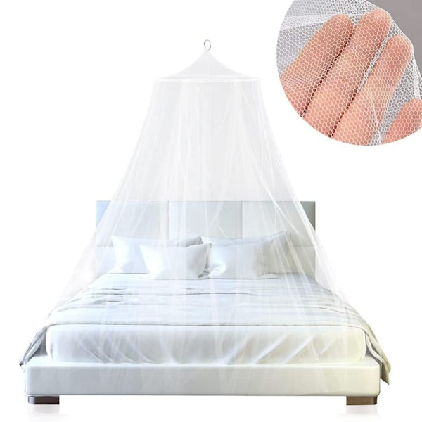 Prinsesse Senghimmel Net Myggenet Rundt Blonder Kuppel til Twin Full og Queen Size Senge Spjæl med Jumbo Swag Krog (Hvid)