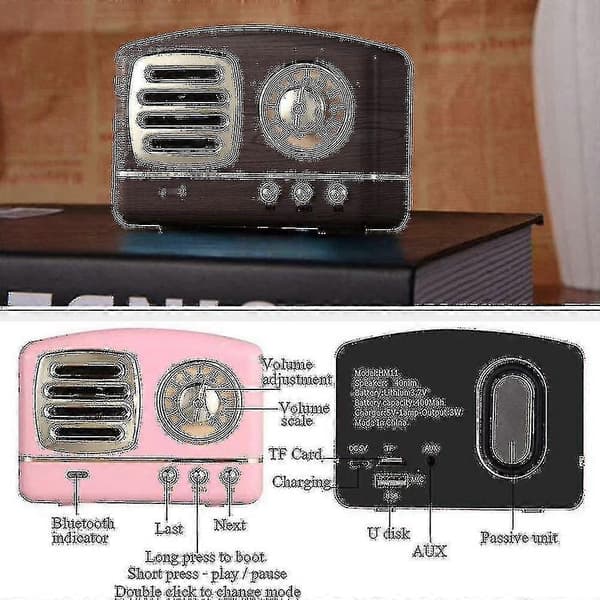 Bärbar retrobatteriradio av god kvalitet med Bluetooth-högtalare, retro-present till tjejer Black