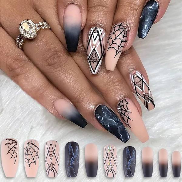 24 ST Press på naglar Lång kista med design Spider Web Stick Lim på Nails Art Salon Fake Nail Press ons Set False Nails Franska tips med lim för
