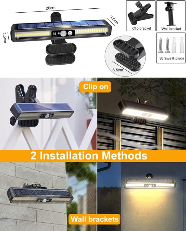 2-pakning utendørs solcellelamper med bevegelsessensor, 3 lysmoduser vanntett solcellelampe utendørs spotlight for hagegjerde (varmt lys)