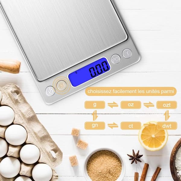 Digital matvekt, pålitelig nøyaktighet mini lommevekt med motedesign, tarafunksjon for matlaging, baking, urteveiing (2 brett, batterier