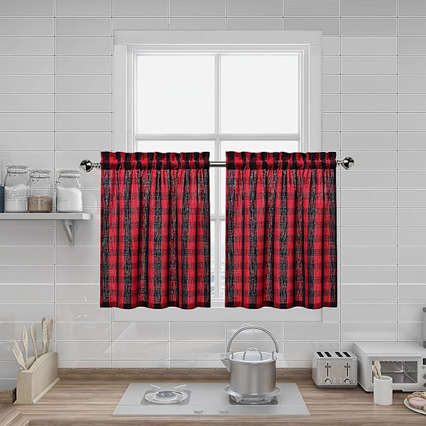 Svarte og røde rutete gingham-gardiner med lag, 24 tommer lange