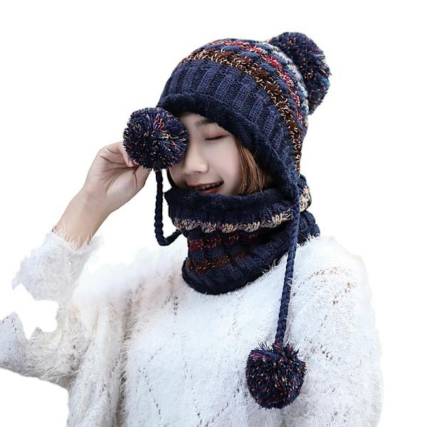 Marinblå hatt+scarf set dam stickad hatt scarf set vinter varm