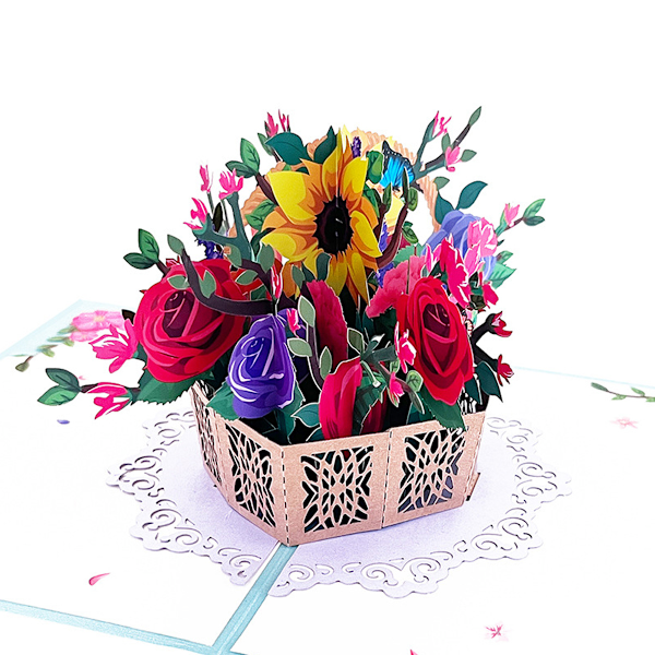 Hjärtvärmande Pop Up-gratulationskort, överraskningspresent till påsk och vår, elegant blomsterkorgsillustration, perfekt för mors dag och