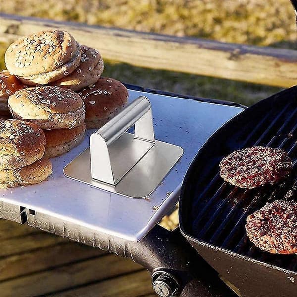 Burgerpresse i rustfrit stål, 5,5 tommer firkantet burger-smasher, professionelt tilbehørssæt til stegeplade