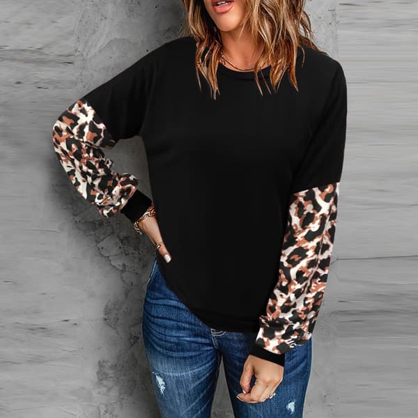 Svart M Dam Sweatshirt Långärmad Leopardmönstrad Rund Hals Pullover Topp för Hemma Utomhus