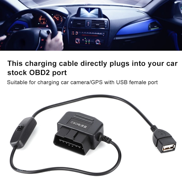 18,7 tum OBD2 USB-strömkabel 16-stiftskontaktladdare för bil GPS DVR-kamera
