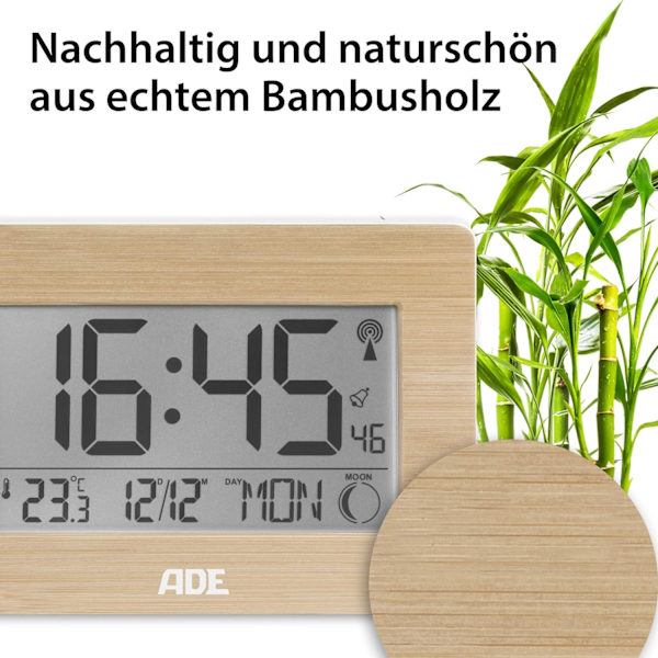 Radiostyrd digital klocka med DCF tidssignal, hölje med äkta bambu, LCD display, termometer, väckarklocka och kalender. Batteri ingår,