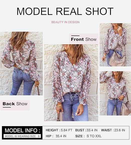 Dam Blus, Casual Boho Blommigt Tryck, V-ringad, Långärmad, Lös