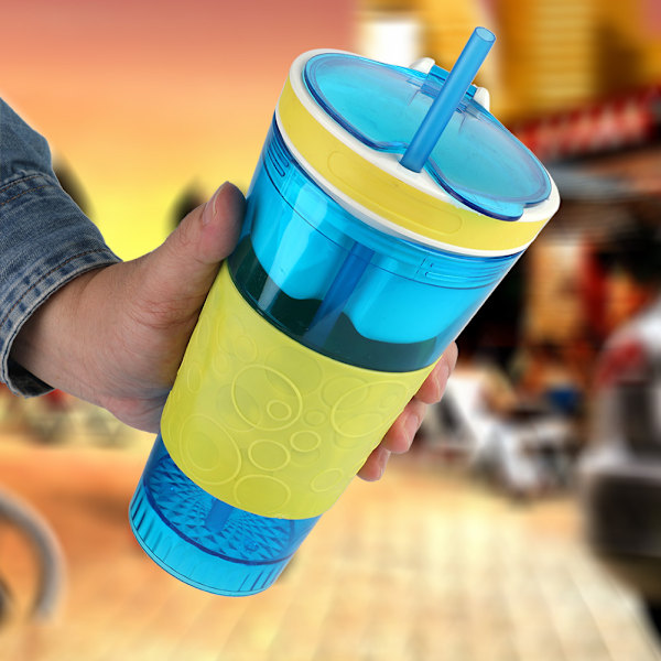 2-i-1 Snack og Drikk Reiseservise Barne Reisekopper Drikk Holder, Drikke Snack kopp (gul+blå)