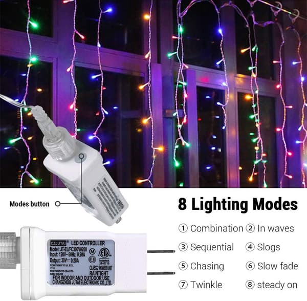 5 m farvet LED gardinlys + han- og hunstik