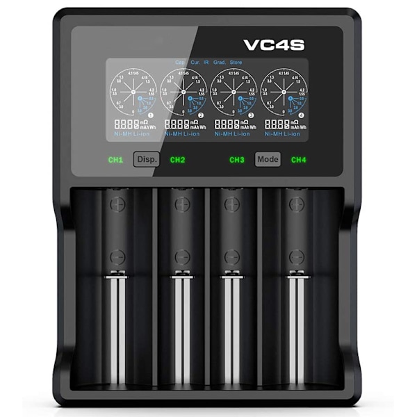 VC4S Batterilader 4 Slots Li-ion Hurtiglader med 18W Væglader Max 3A til 10440 16340 18650 20700 21700 32650 AAA /AA/ C Batterilader