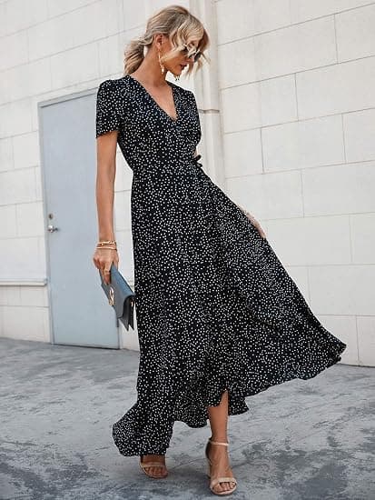 Sommer Maxi Kjole til Kvinder, Casual Boho Blomstret V-Hals Kort Ærme