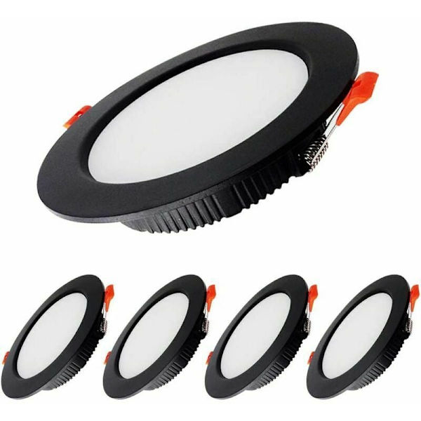 7W Spot LED Infällbar Dimbar Svart Extra Platt 230V 5 Pack, 700LM = 70W Glödlampa, IP44, Kallt Vit 6000K, Utskärning 80-90mm, Rund Tak