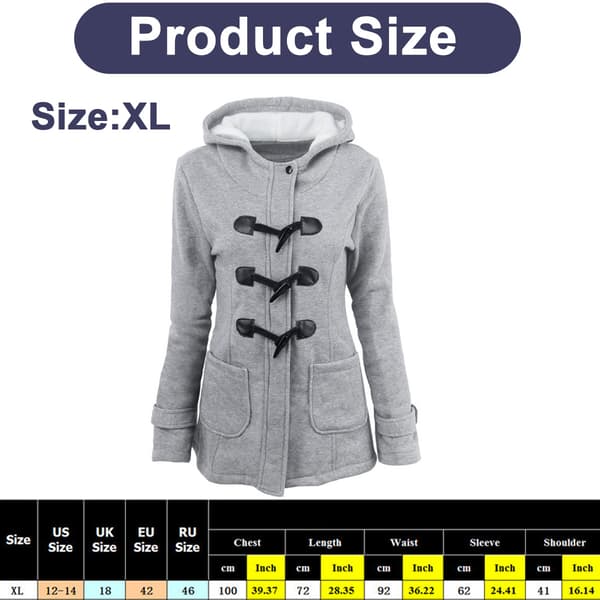 Mode Fleecejacka med Hornknappar och Huva för Dam - Varm Vinterjacka Light grey XL