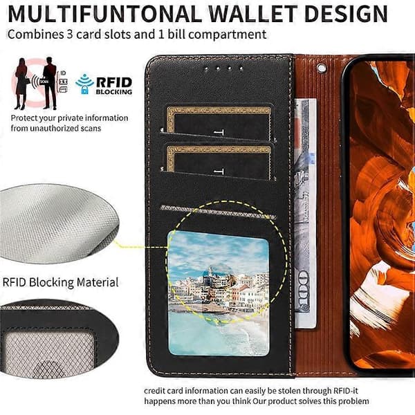 Kompatibelt fodral för Google Pixel 9 Pro XL / 9 Pro, RFID-läderplånbok med handledsrem Black
