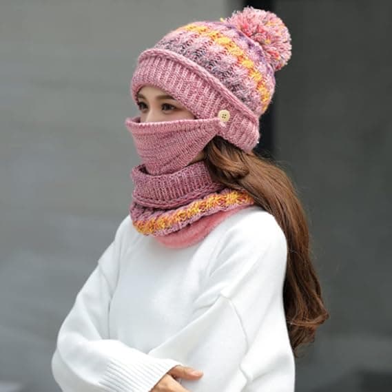 Rosa Dam Stickad Mössa Halsduk Set Vinter Stickad Mössa Tjock Virkad