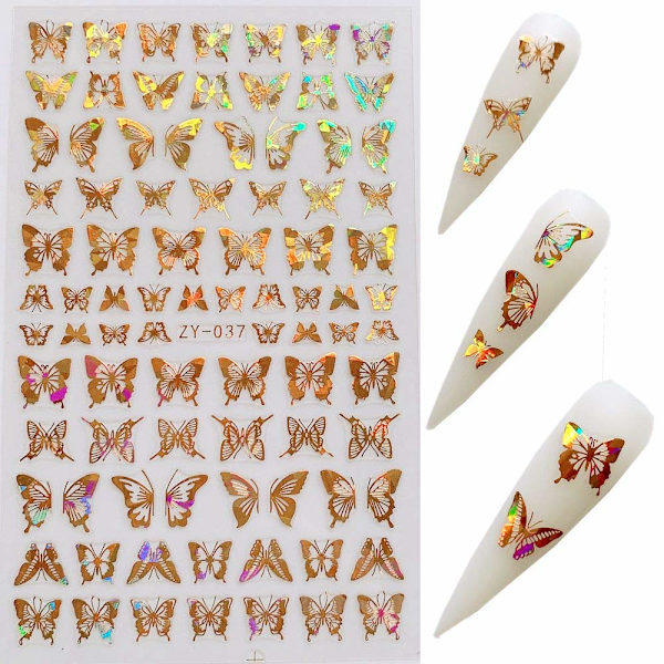 8 Ark Neglekunst Adhesive Dekalblad Diferente Laser Gull og Sølv Farge Butterfly Former Neglekunst Dekorasjon 10238
