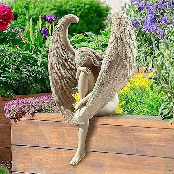 Trädgårdsängel prydnader, skulptur ängel dekoration, bevingad ängel, 3D trädgårdsstaty, sittande älva, konstprydnader, sittande älva skulptur