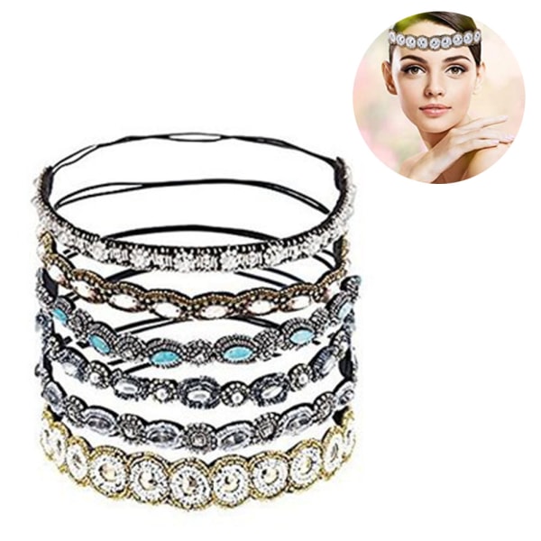 6 stk Rhinestone Elastiske Pandebånd, Krystal Rhinestone Pandebånd