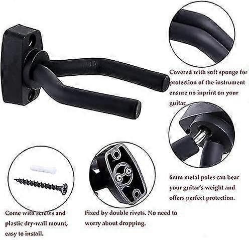 Gitarrväggfäste 3-pack för akustisk gitarr, ukulele, bas, mandolin och banjo, lätt att installera, svart, inklusive 8 plektrum