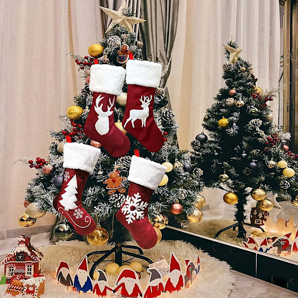 Elegant Julstrumpor Set, Tidlös Säckväv Buffalo Pläd Juldekorationer med Plysch Fuskpäls Manschett för Hängning vid Öppen Spis, 4 st