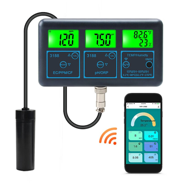 Ny Professionell 7-i-1 Multi-Parameter Vattentestare, Realtidsövervakning av Ph, Orp, Ec, Ppm, Cf, Luftfuktighet och Temperatur Via Wifi-App