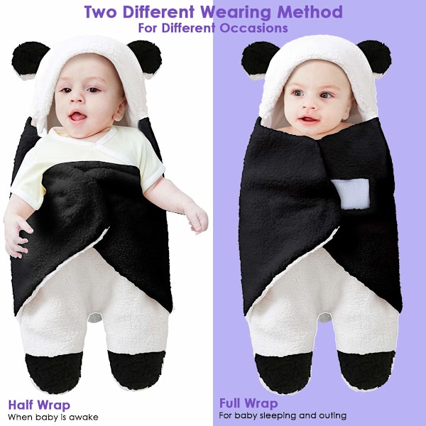 Söt Panda Design Babyfilt, Andningsbar Inslagning för Nyfödda, Allergivänlig Kashmirblandning, Justerbar för 0-6 Månader, Multifunktionell i Svart