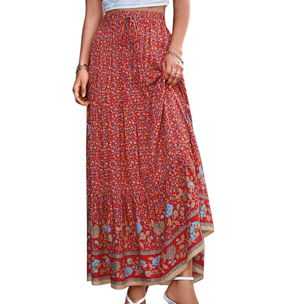 Rød XL Skjørt Høy Midje Blomstertrykk Elastisk Midje Swing Casual Maxi Skjørt for Kvinner