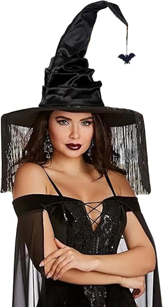 Halloween COS Troldmands-/Heksehat, Maskeradebal og Rollespilsfester, Sort Flagermus-trykt Frynset Spids Hat