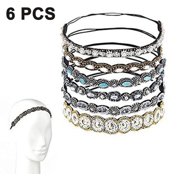 6 stk Rhinestone Elastiske Pandebånd, Krystal Rhinestone Pandebånd