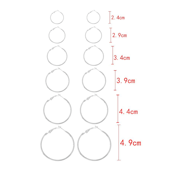 6 par/set Dammode Stora Creolörhängen Legering Stora Loop Cirkel Örhängen (Silver)