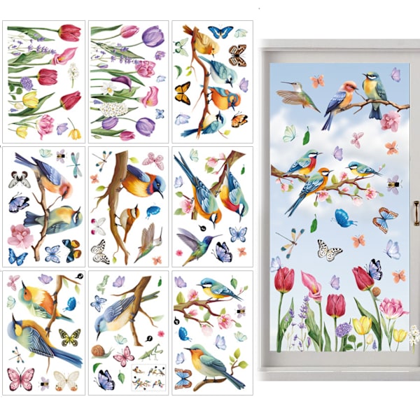 9 stk. blomstergrene og fugl vinduesklistermærker