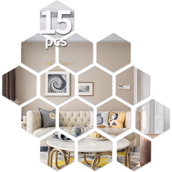 Hexagon väggdekaler, spegelväggklistermärken, 15 st stora avtagbara