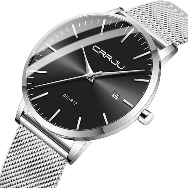 Herre armbåndsur, ultra tynt, vanntett, mote med svart rustfritt stål mesh analog kvarts forretningsklokke