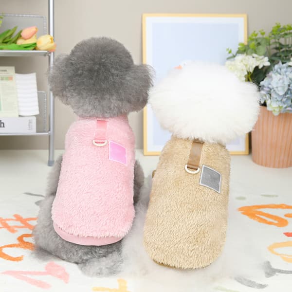 2-pack hundtröja med sele-ring, fleece varm valptröja, vinterkläder för husdjur, kläder med koppelhål (Rosa+Brun)