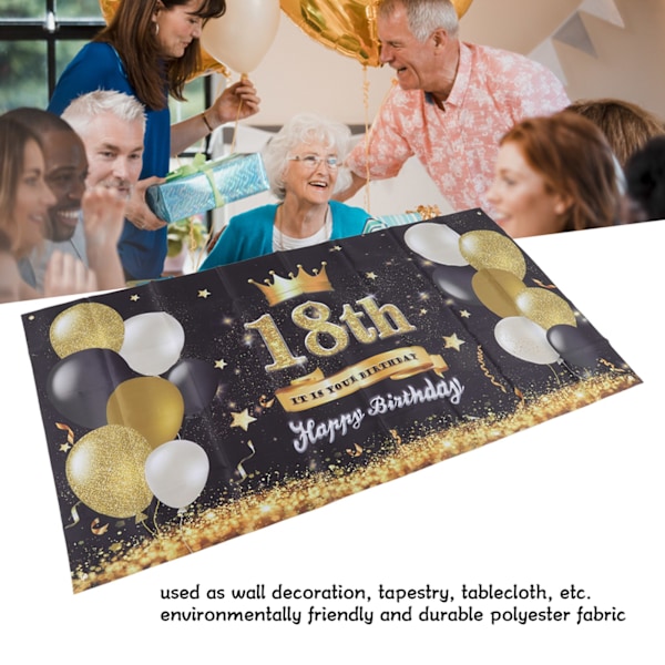 Glad 18 års fødselsdag Baggrundsort Guld 180x99cm Genanvendelig Glad Fødselsdag Dekorationer med 4 Øjer