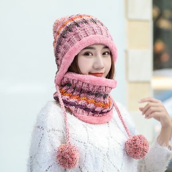 Rosa Hatt+Sjal Set Damstickad Hatt Sjal Set Varm Tjock Vinter