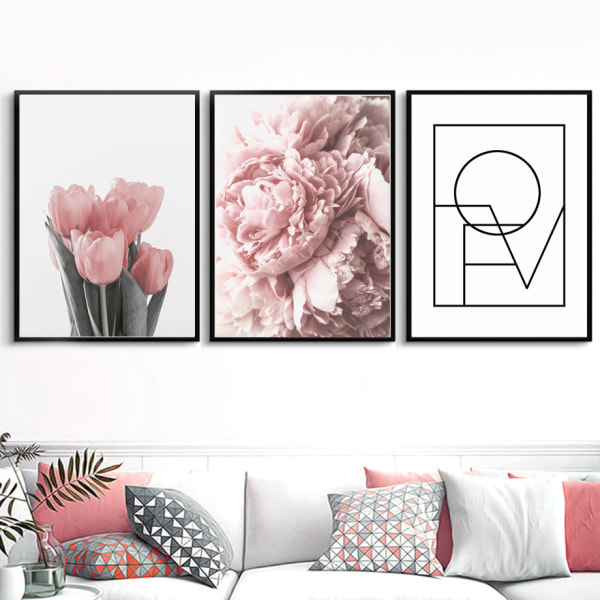 Rosa Pion Tulpaner Ros Blomvägg Konst Canvas Målning Nordisk